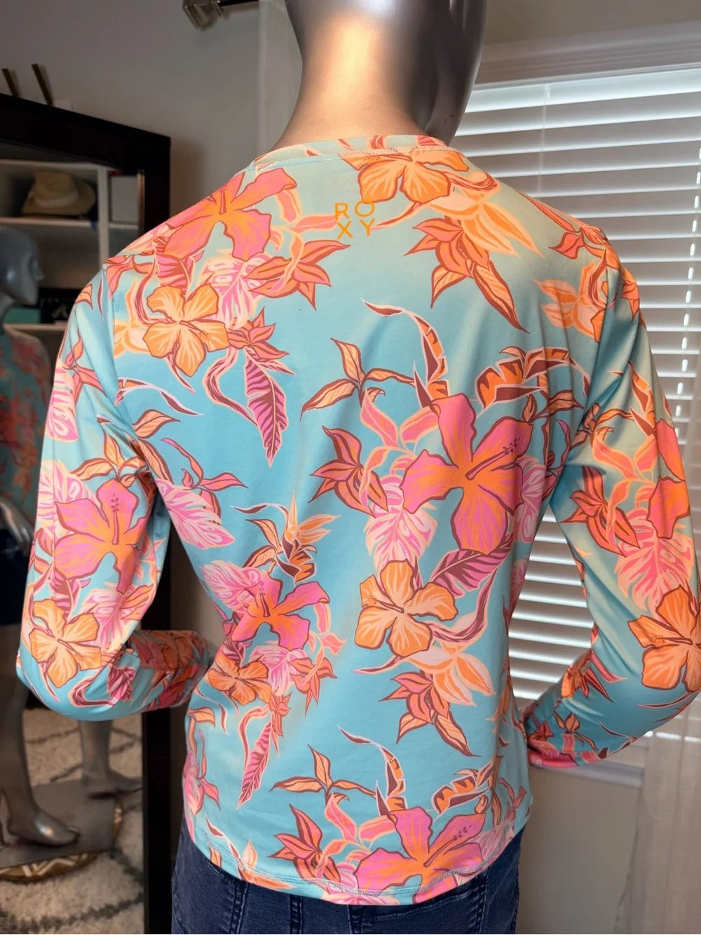 Roxy Tropical Floral Rash Guard Swim Top Medium Aqua Pink UPF Teal Coral Beach - Picture 5 of 9